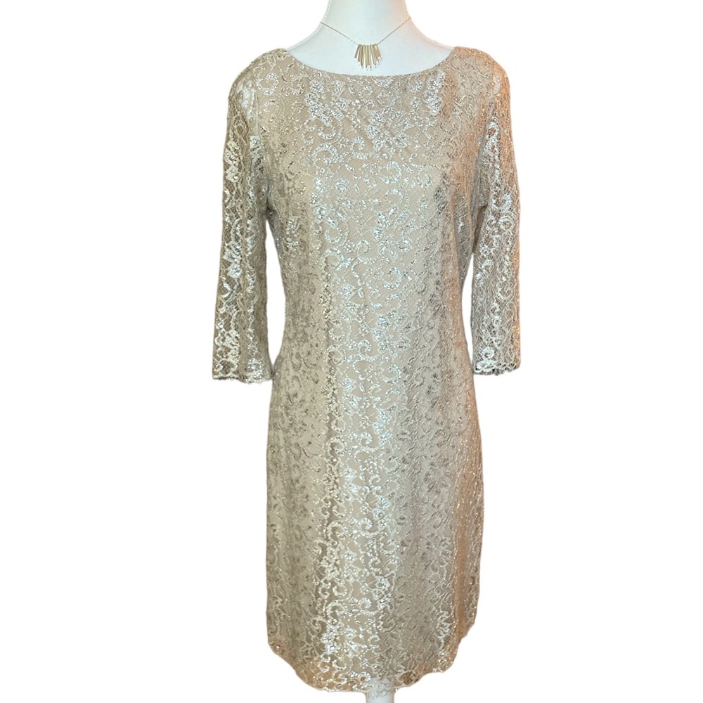 Calvin Klein Metallic Lace Midi Dress in Champagne